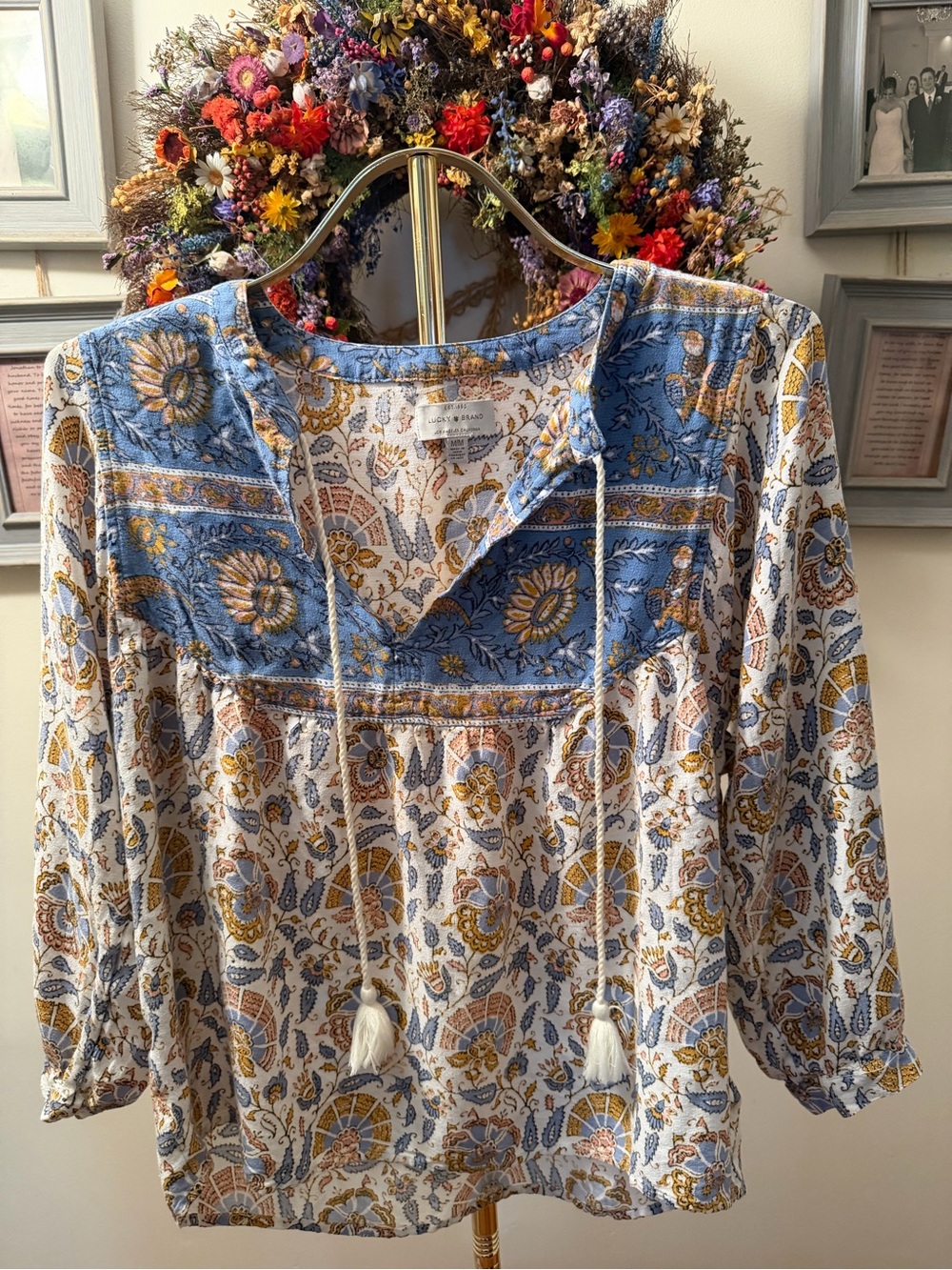 Lucky Brand Blue and Cream Floral Peasant Blouse